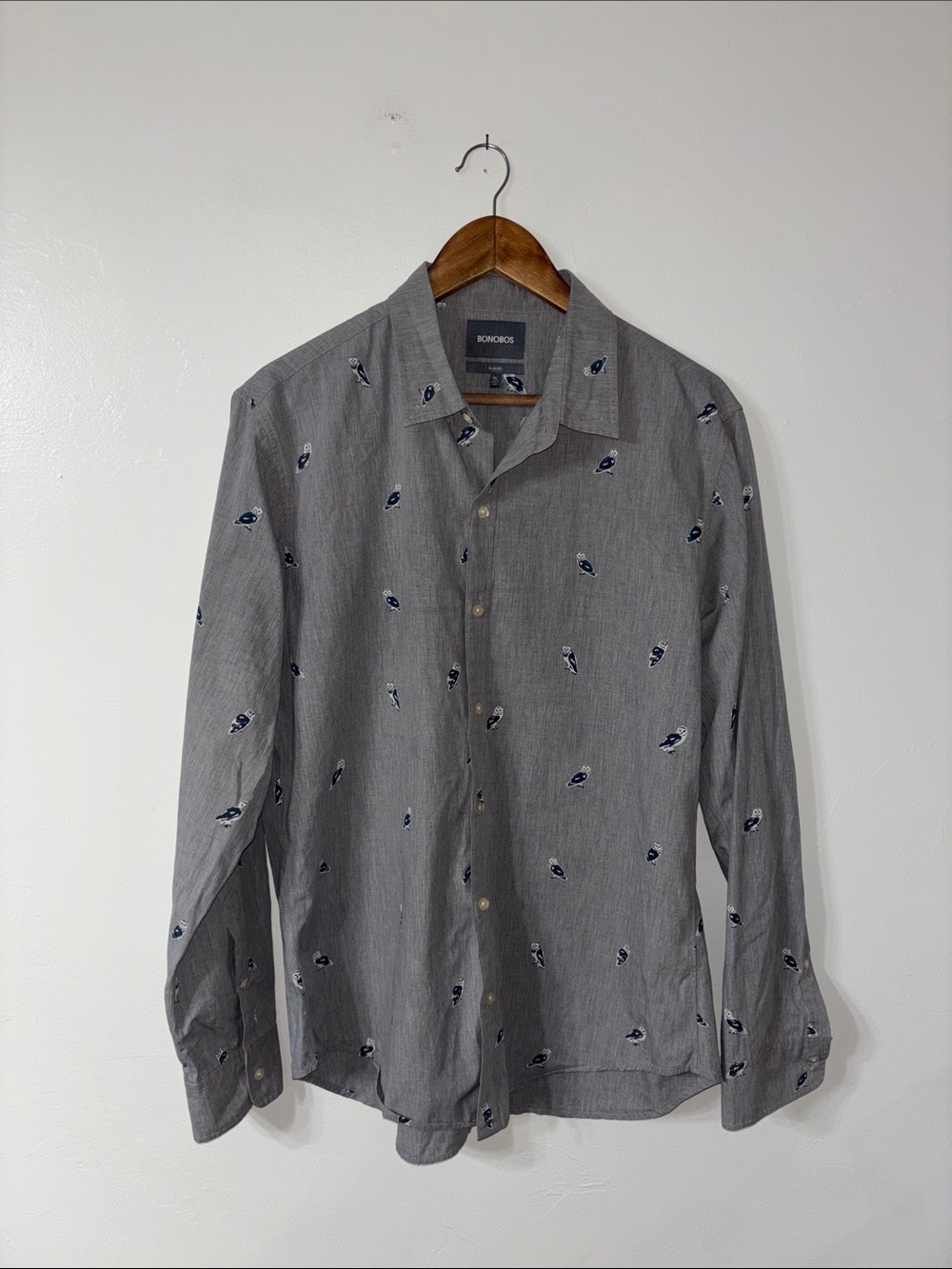 Bonobos Grey Owl Print Slim Fit Button Down Collared Long Sleeve Shirt Size XL